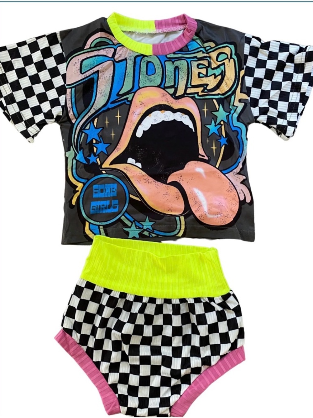 Rolling Stones Graphic Checkered Two-Piece Set with Neon Accents